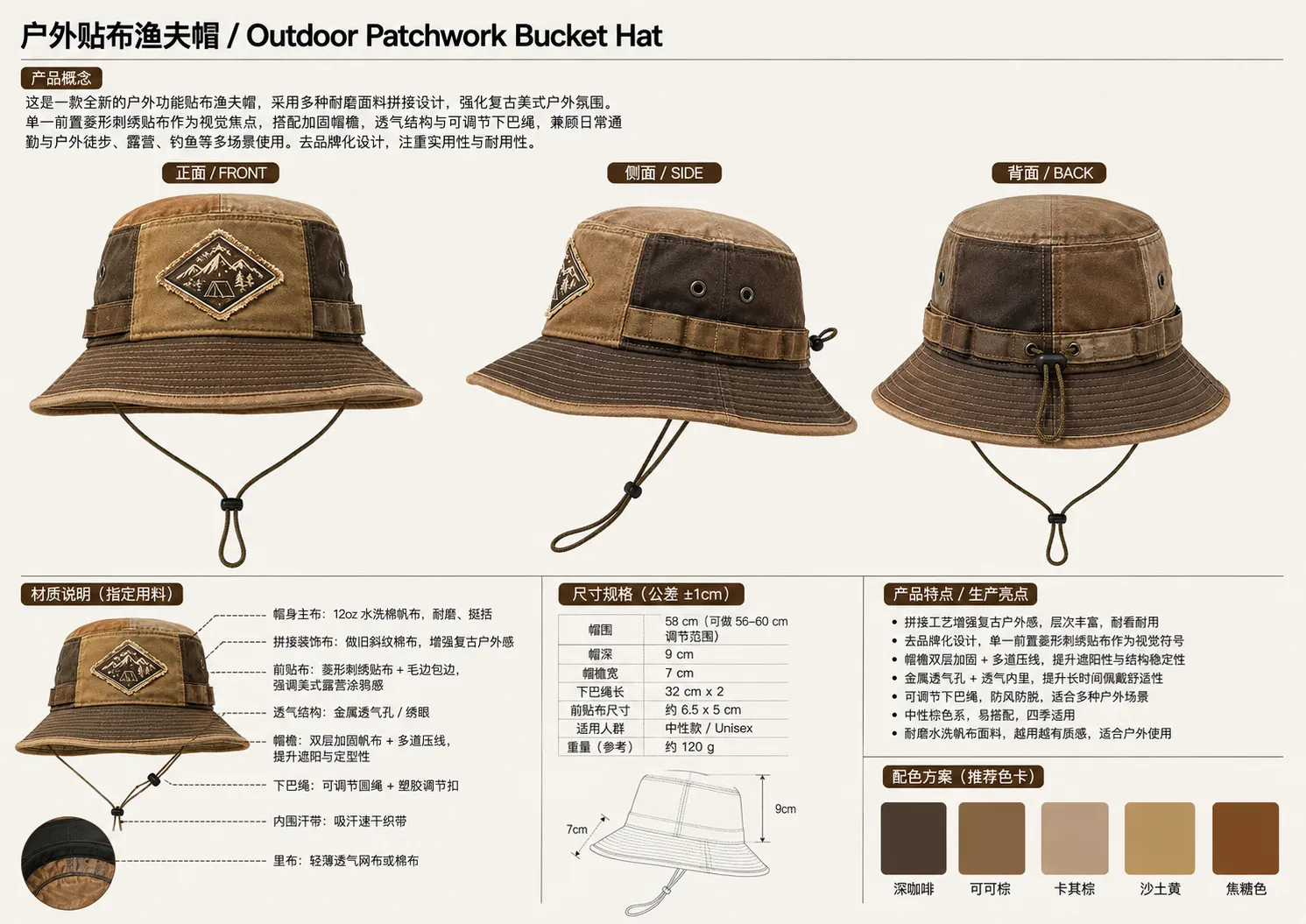 Front, side and back product reference board for the patchwork bucket hat