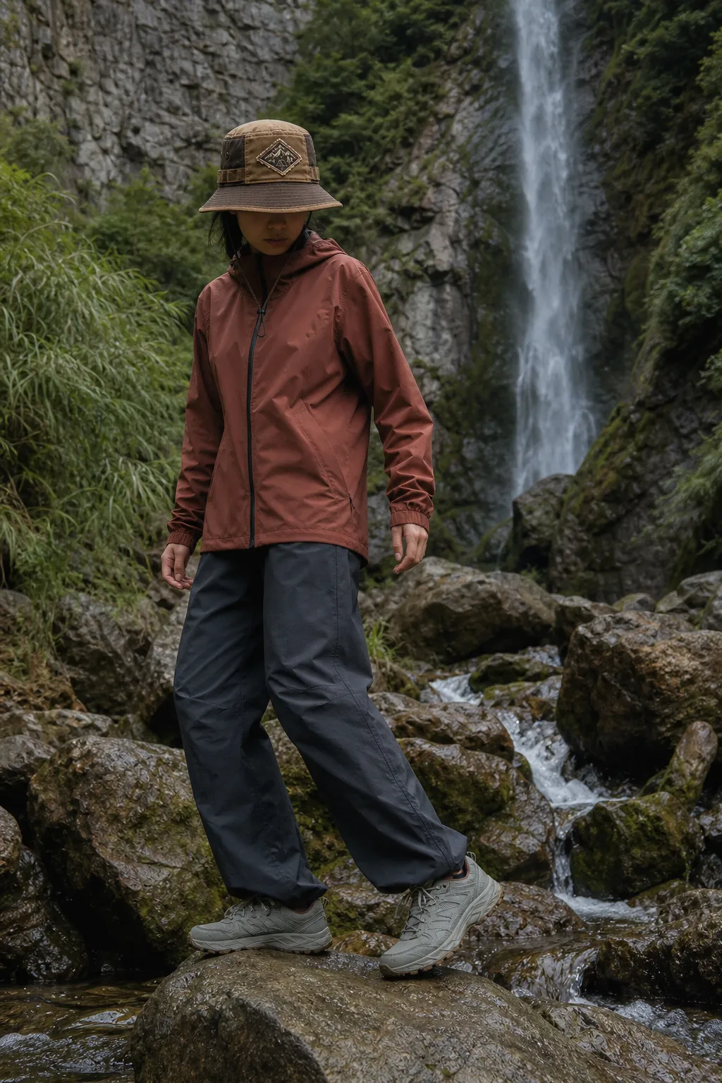 AI-generated hiker wearing the patchwork bucket hat beside a waterfall