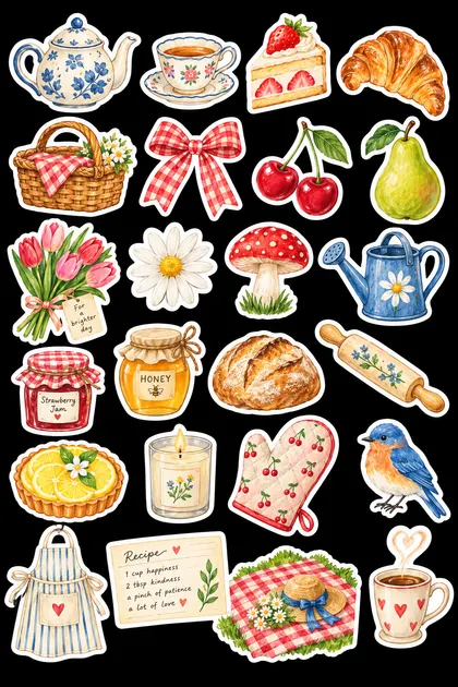 Teapots, cups, cakes, jam jars and ripe fruit arranged as a tea-table set.