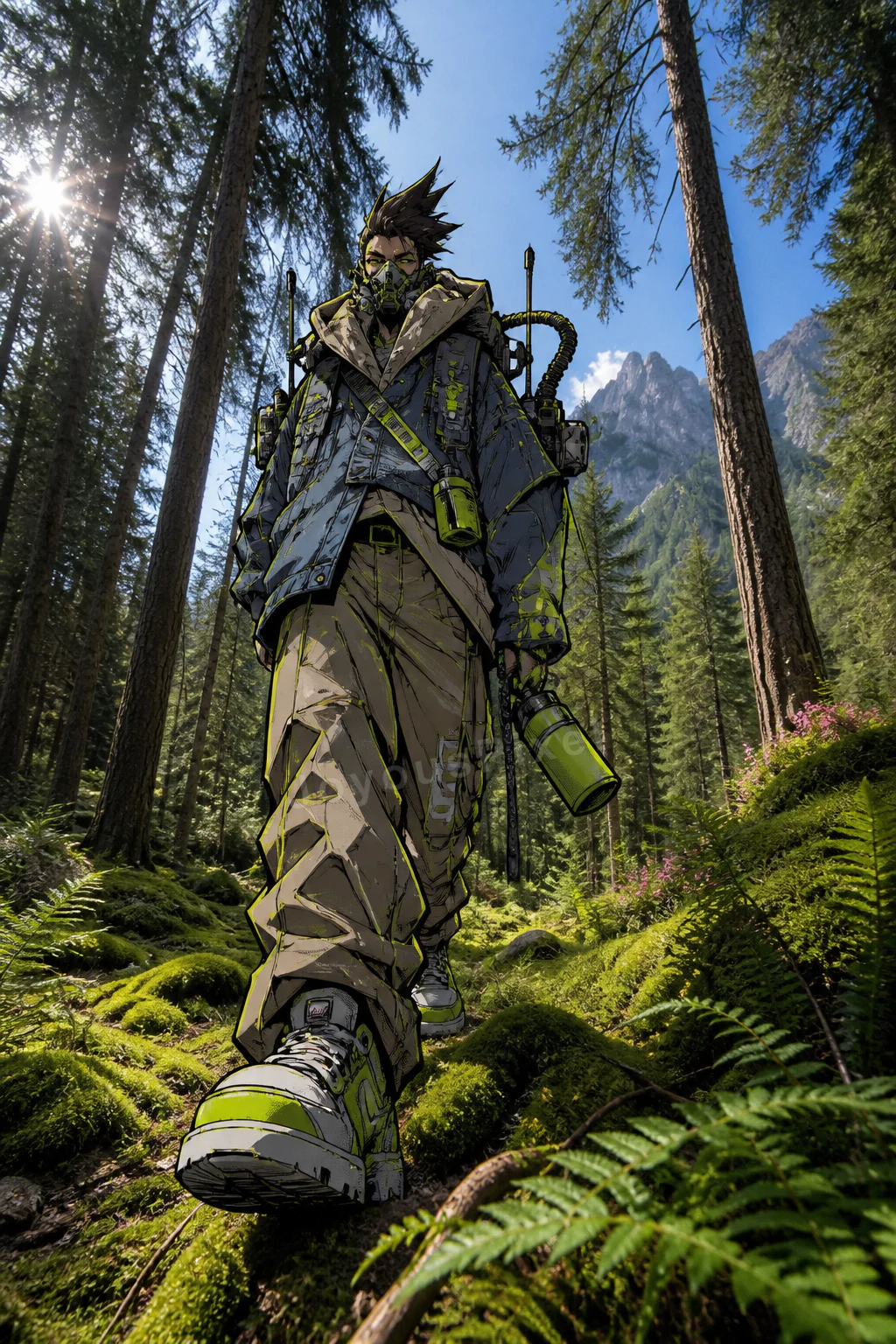 The character standing among tall ferns in a sunlit conifer forest
