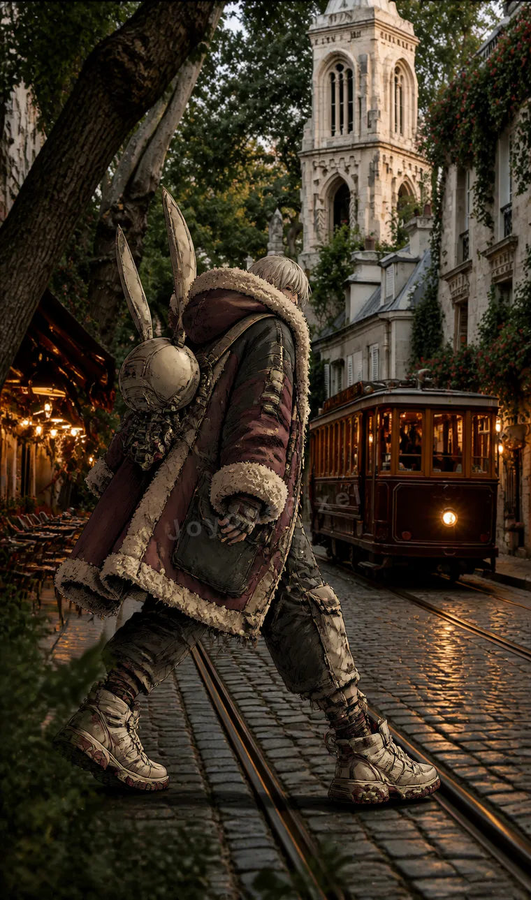 The character crossing tram tracks on a lamp-lit evening street