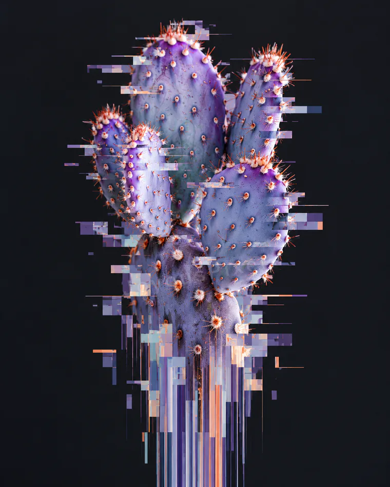 A flowering cactus breaking apart into vertical scanline glitch on black