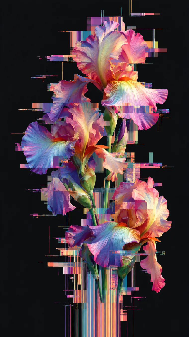 Irises breaking apart into vertical scanline glitch on black