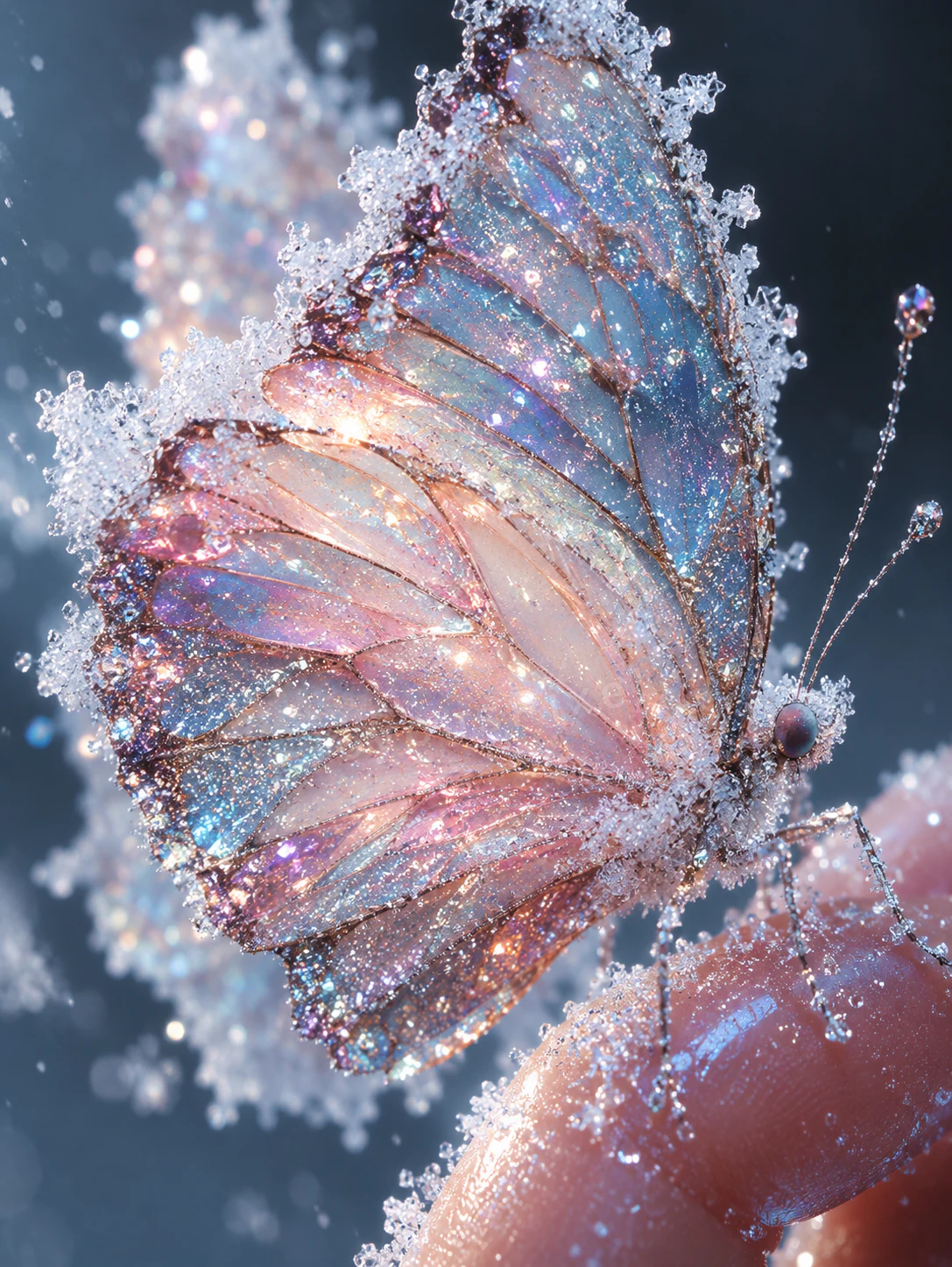 An iridescent butterfly wing beaded with dew and tiny pearls