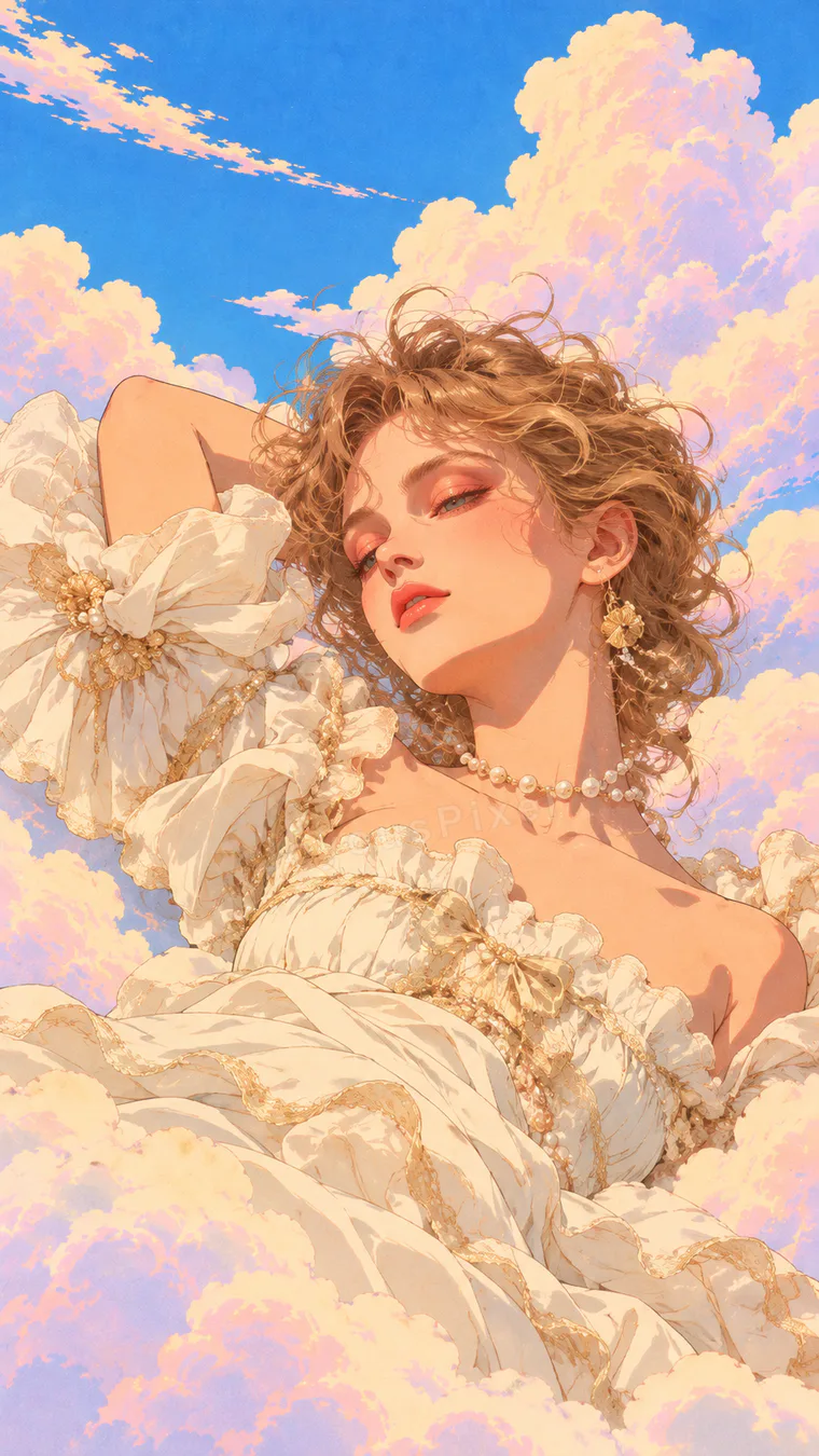 Illustrated figure asleep in cream ruffles against a pink cloud sky
