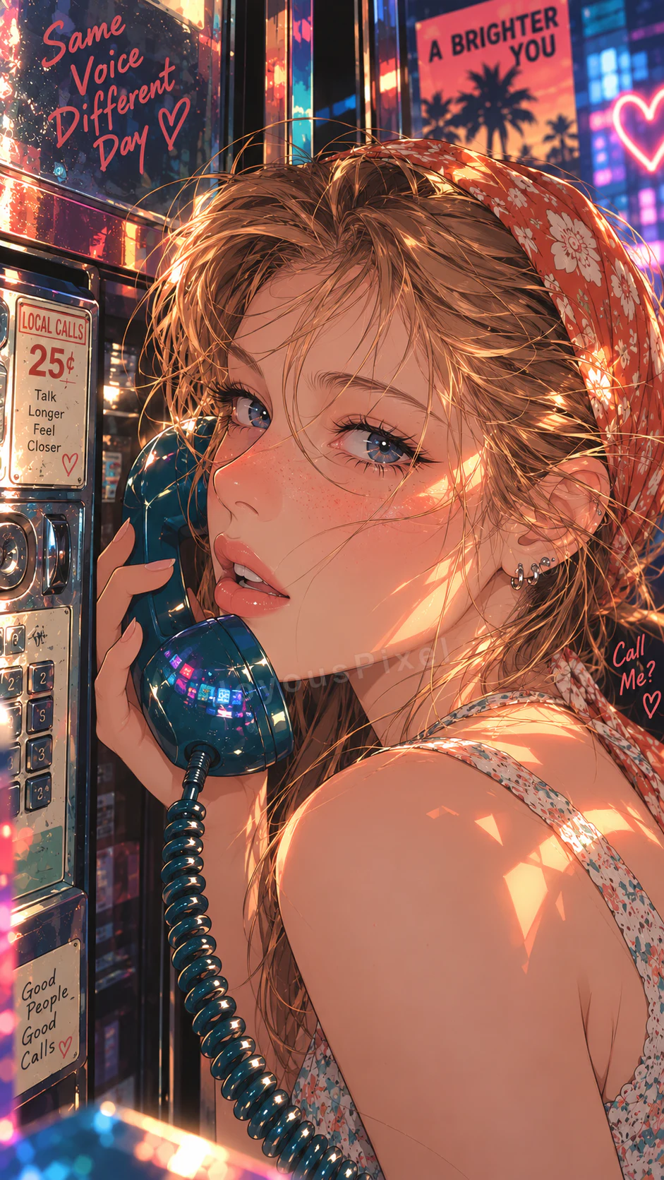 Illustrated figure on a corded phone outside a neon-lit storefront