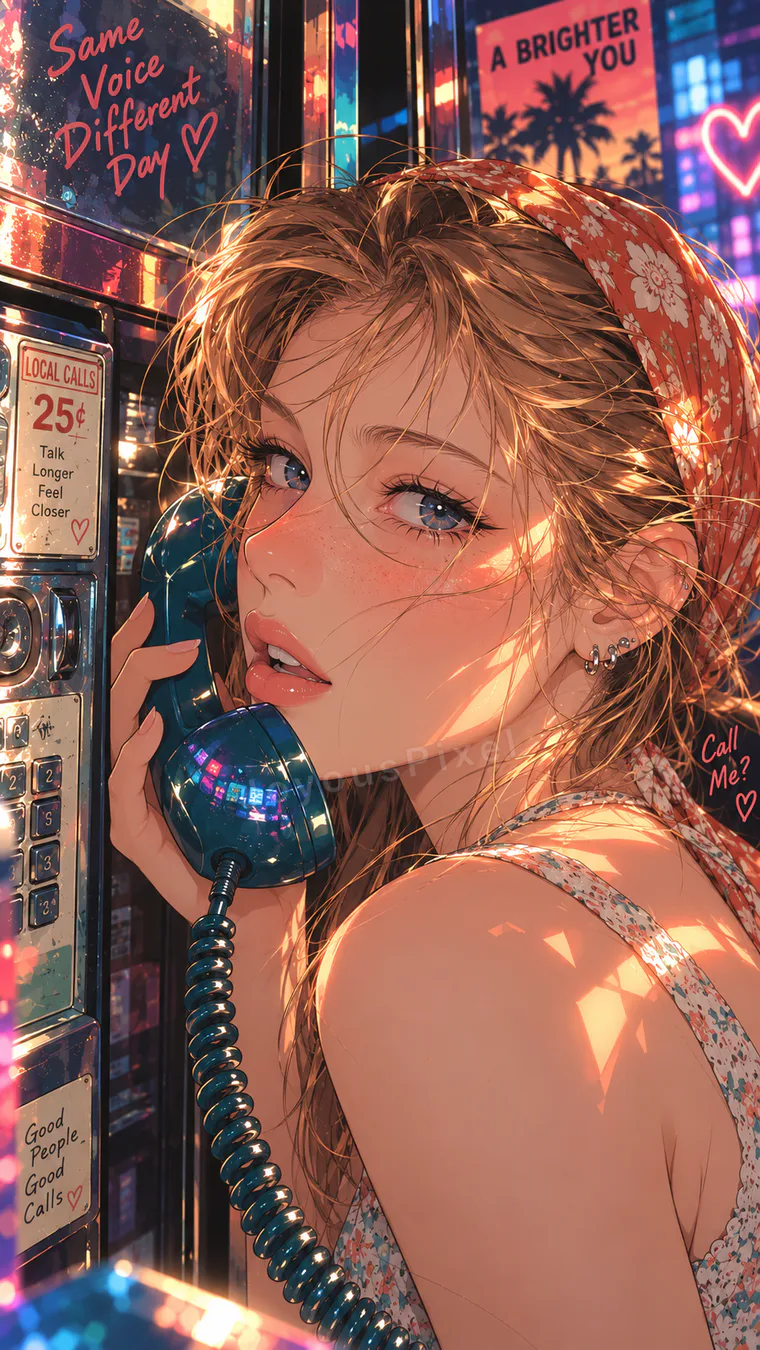 Illustrated figure on a corded phone outside a neon-lit storefront