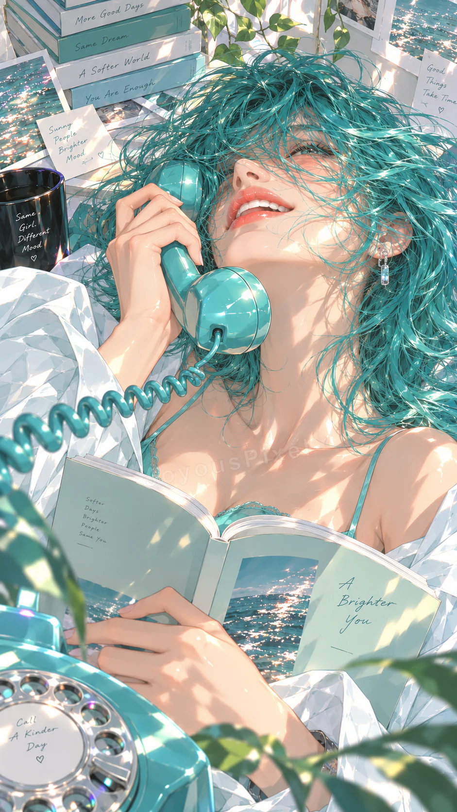 Illustrated figure with teal hair holding a corded phone and an open book