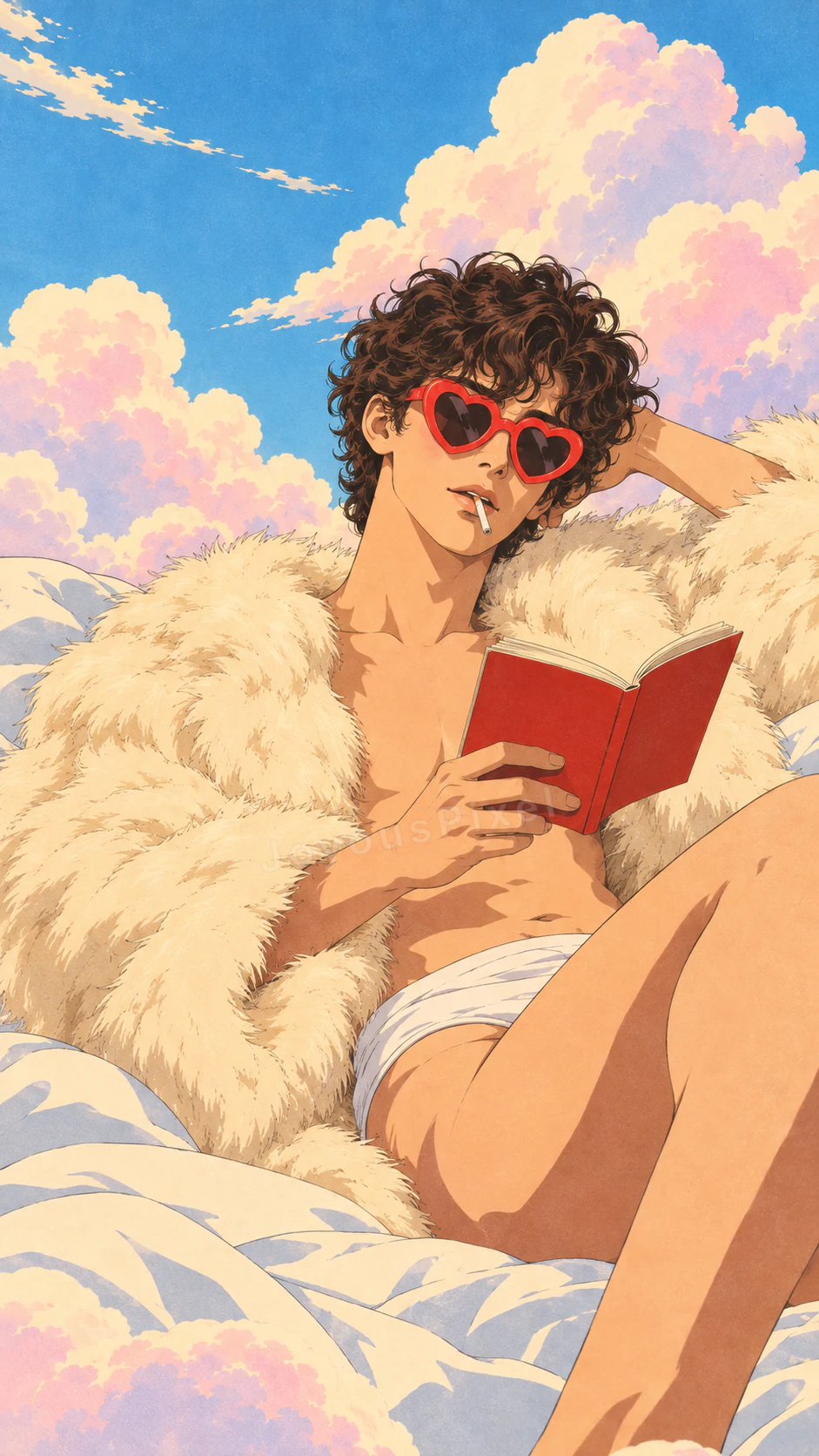 Illustrated figure in a fur coat reading a red book on a bed of clouds