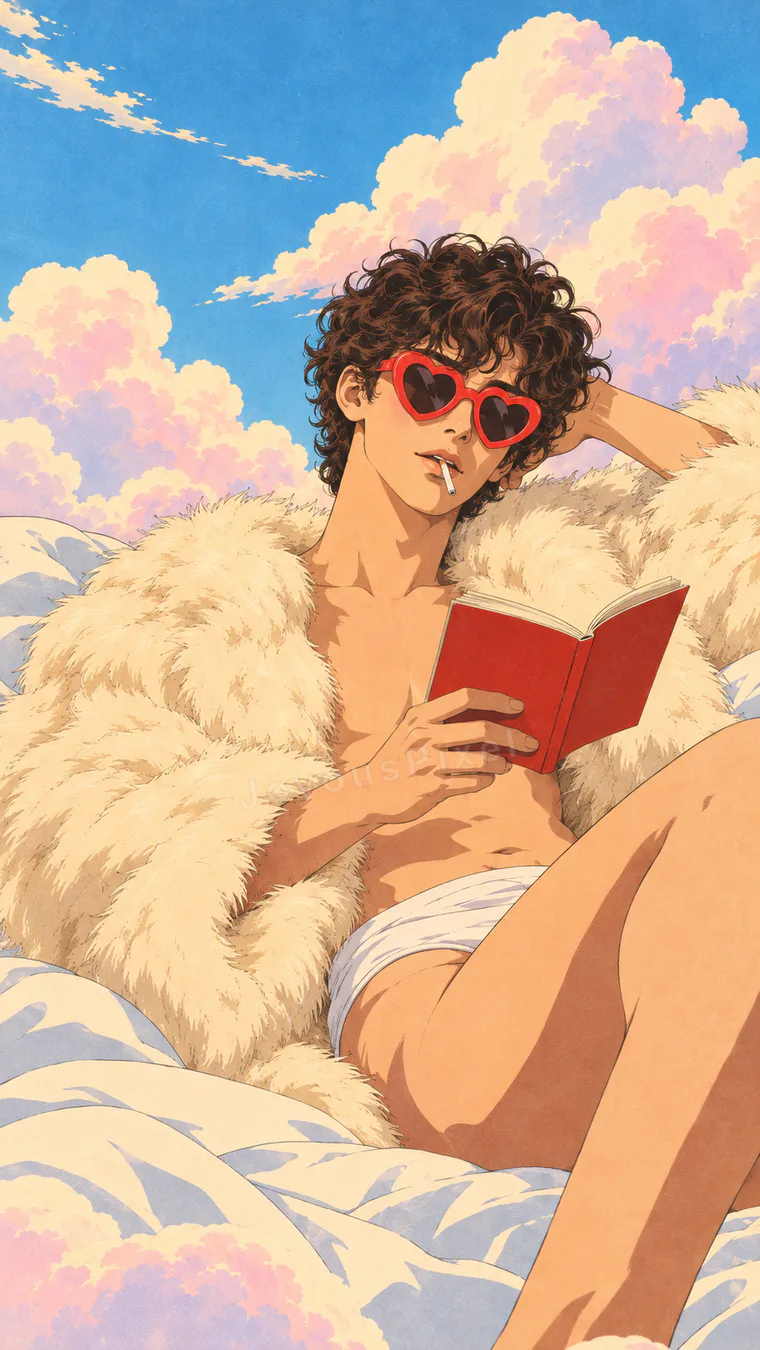 Illustrated figure in a fur coat reading a red book on a bed of clouds