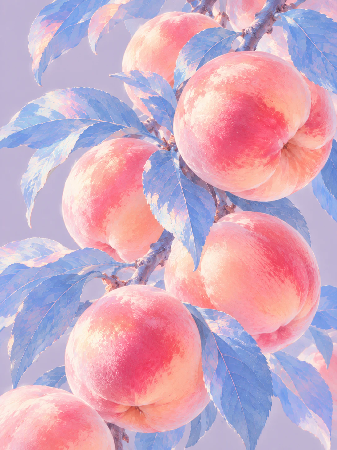 Illustrated peaches ripening on a leafy branch