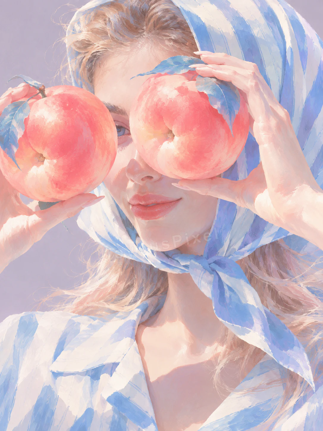 Illustrated figure holding two peaches over the eyes
