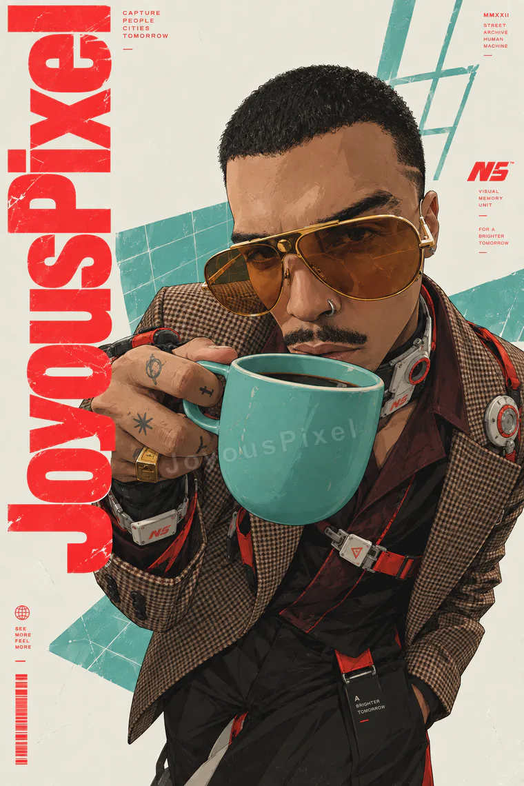 Poster cover with a figure in aviator sunglasses holding a teal mug