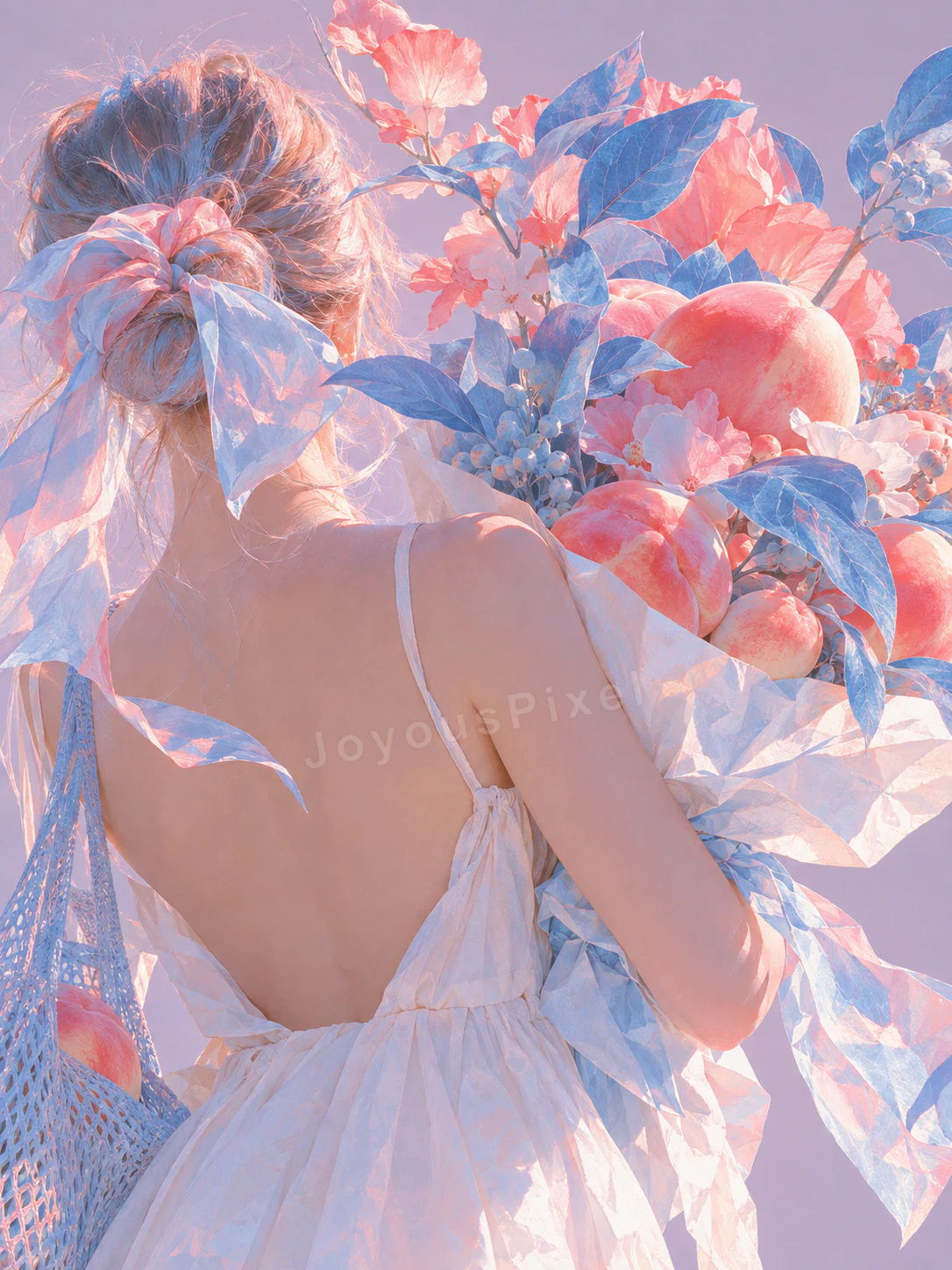 Back view of a figure in white surrounded by floating peaches and leaves