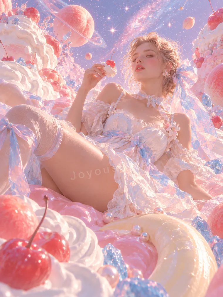 A figure reclining among cherries, pearls and pale pink drapery