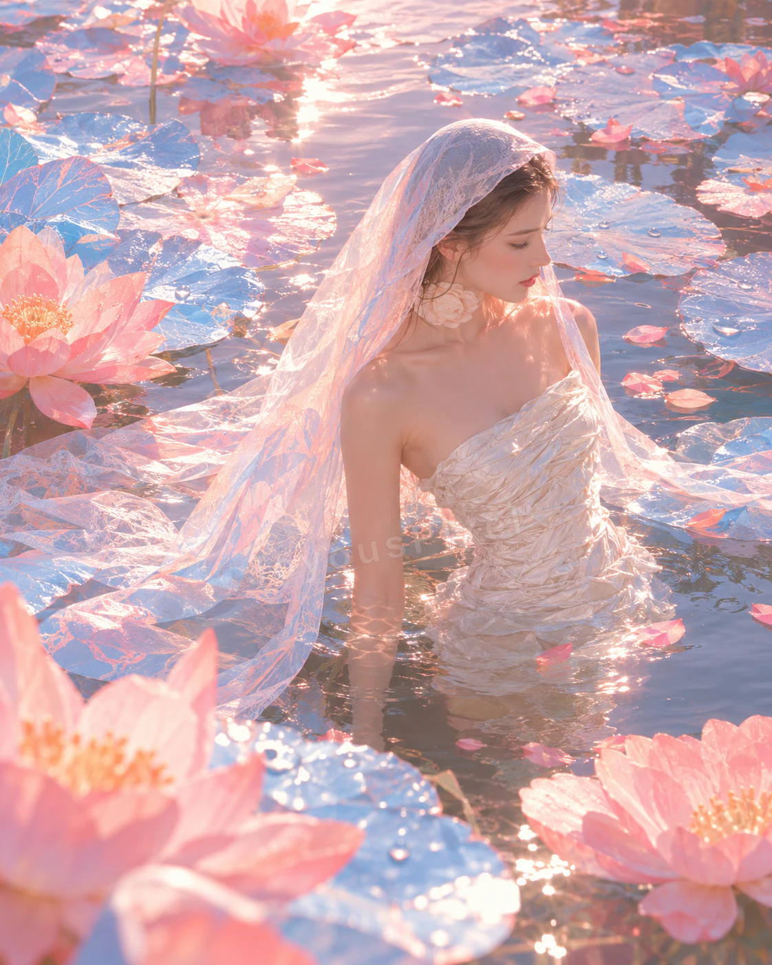 A veiled figure standing waist-deep in water among open lotus flowers