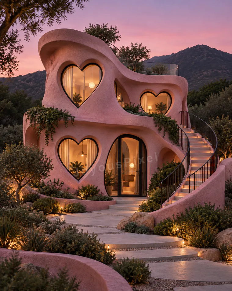 An imagined pink villa with heart-shaped windows and a lit stair path at dusk