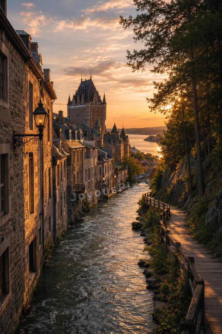 An imagined historic stone canal city under warm evening light