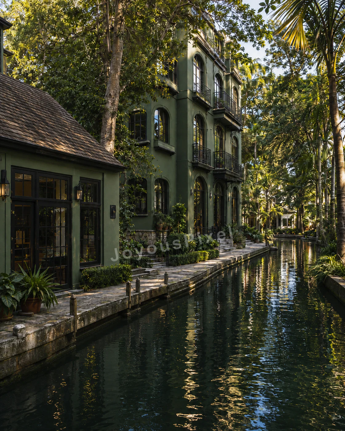 An imagined canal lined with green timber houses under filtered light