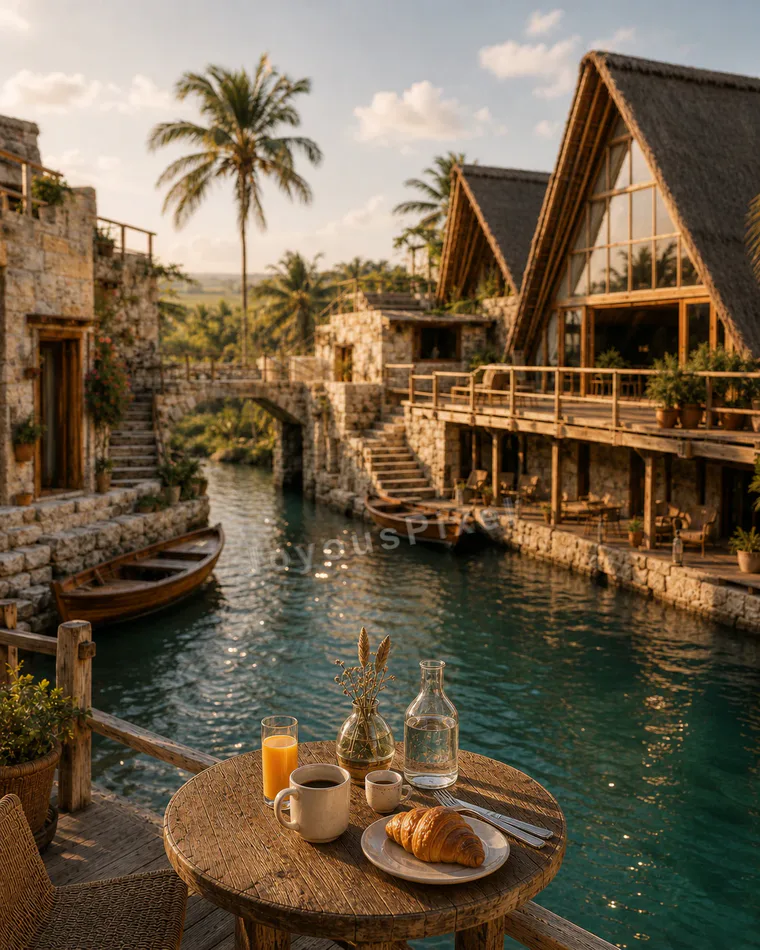 An imagined tropical canal resort with a breakfast table in morning light