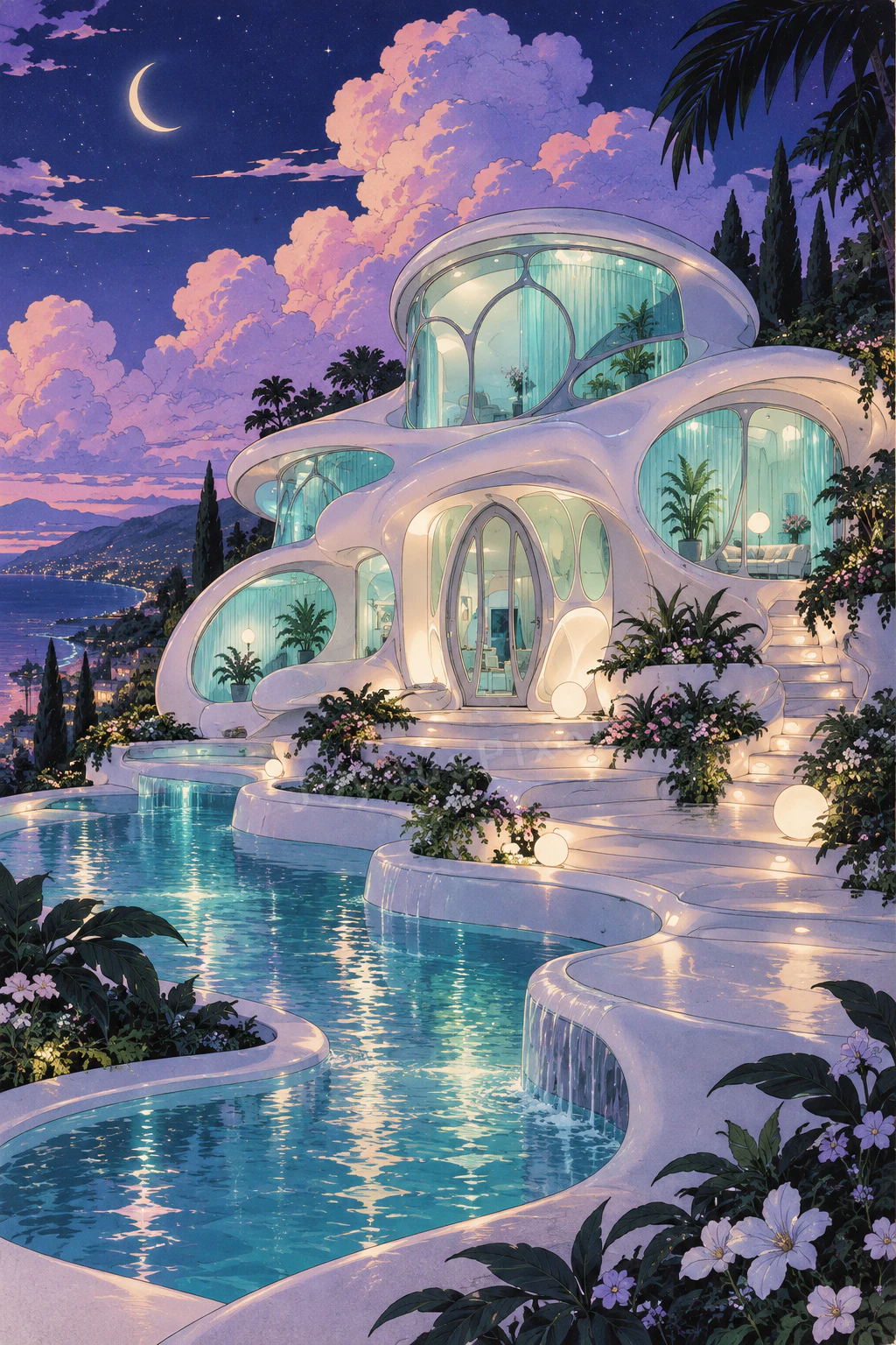 插画中的月夜别墅与泳池，由棕榈树环绕